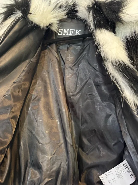 SMFK Plan C Checkered Faux Fur Bomber Jacket Black White Size 1 - Picture 9 of 13